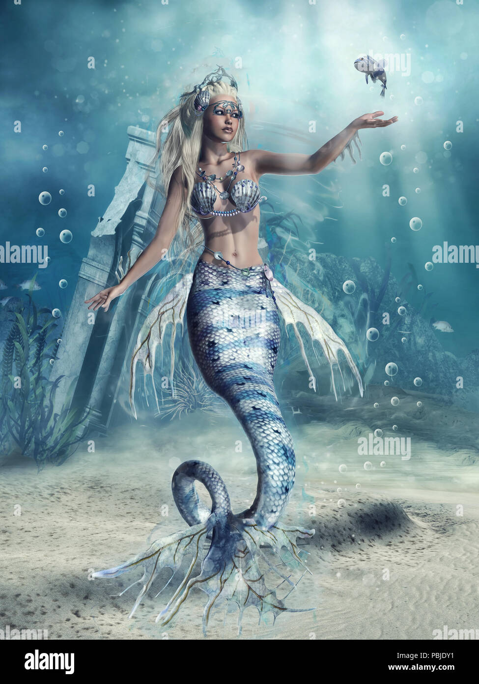 Fantasy scenery with a mermaid and a fish at the sea bottom. 3D render. Stock Photo