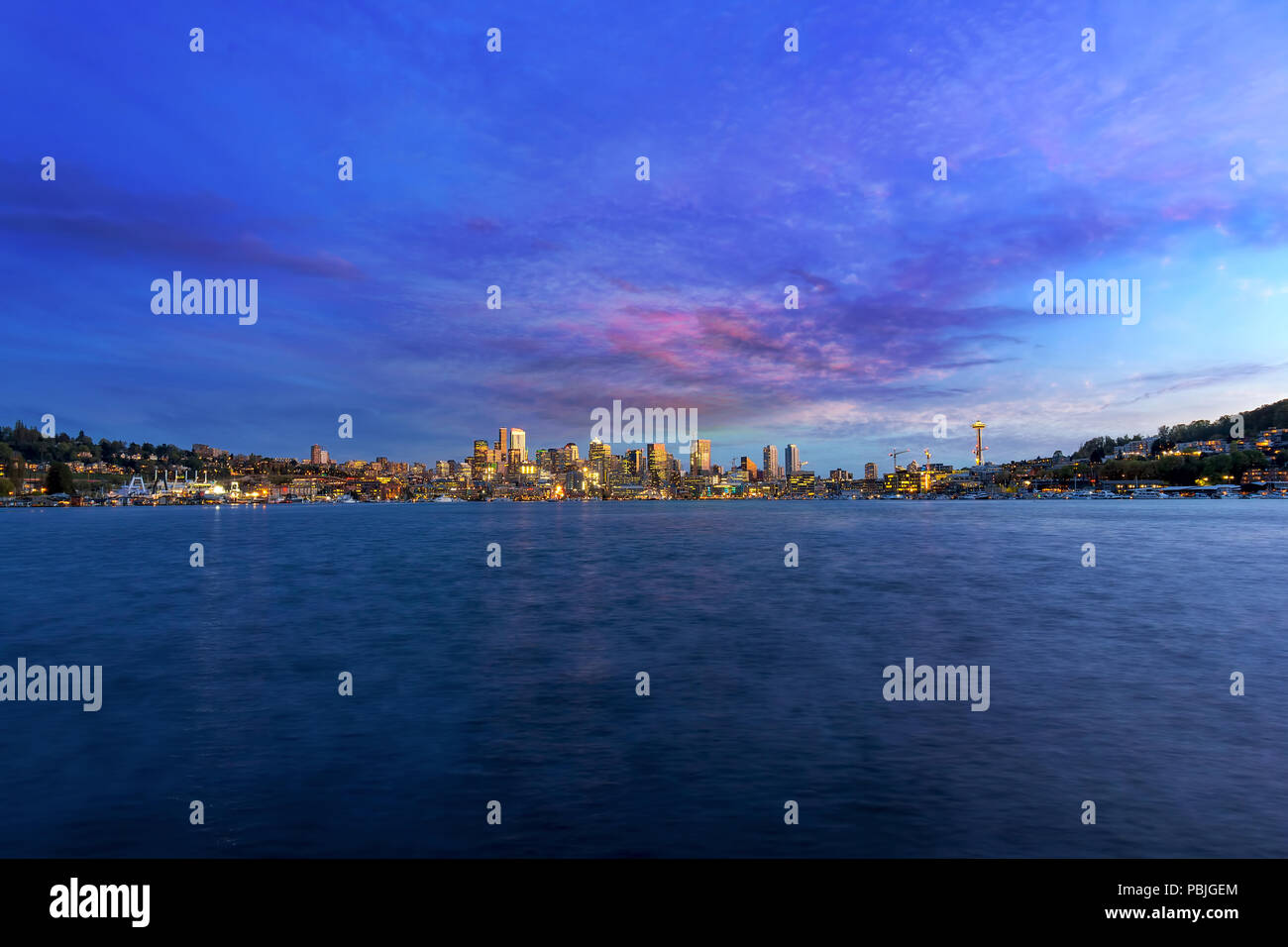 Seattle Washington city skyline along Lake Union during sunset Stock Photo