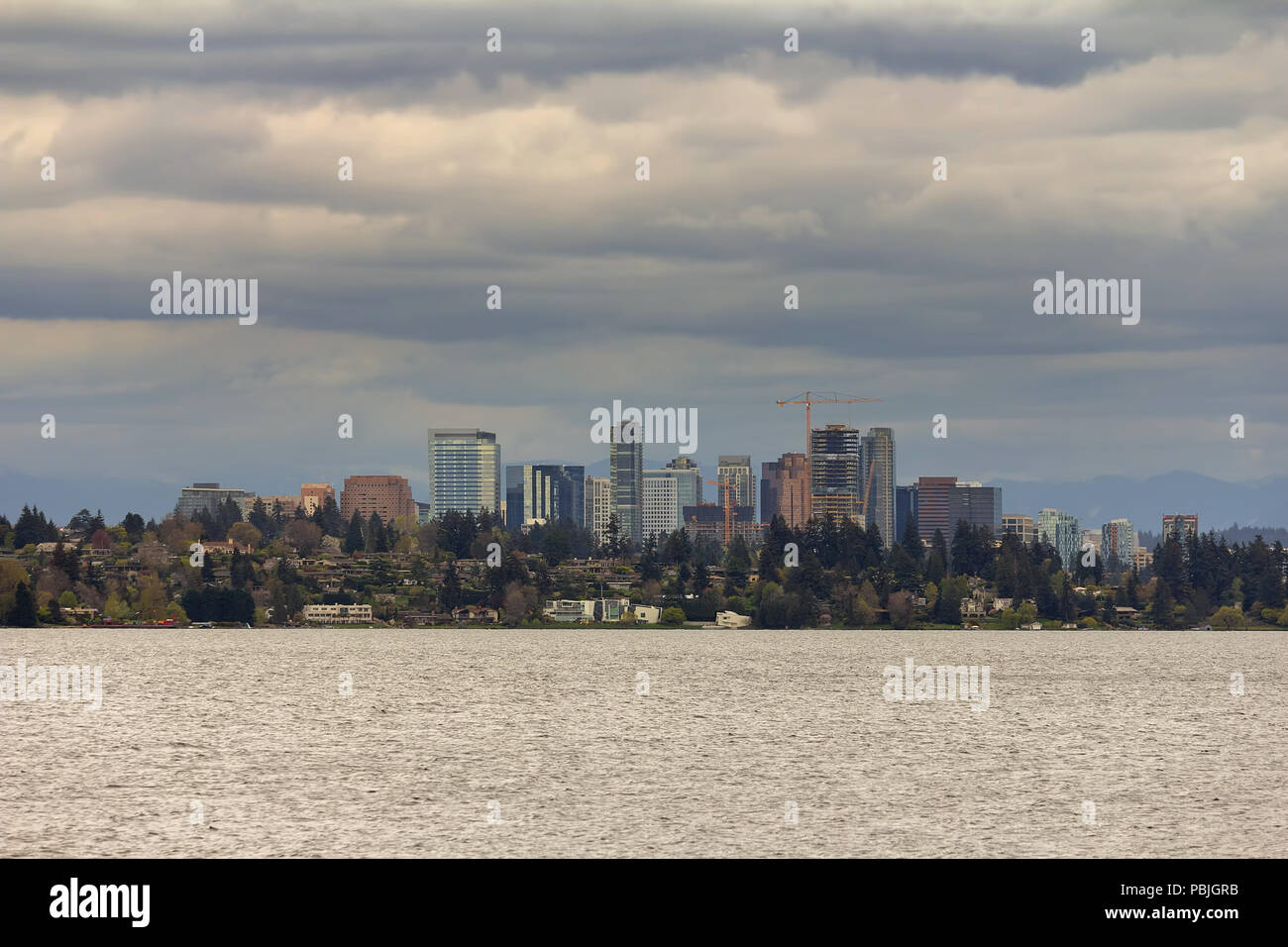 City of Bellevue Washington skyline along Lake Washington Stock Photo