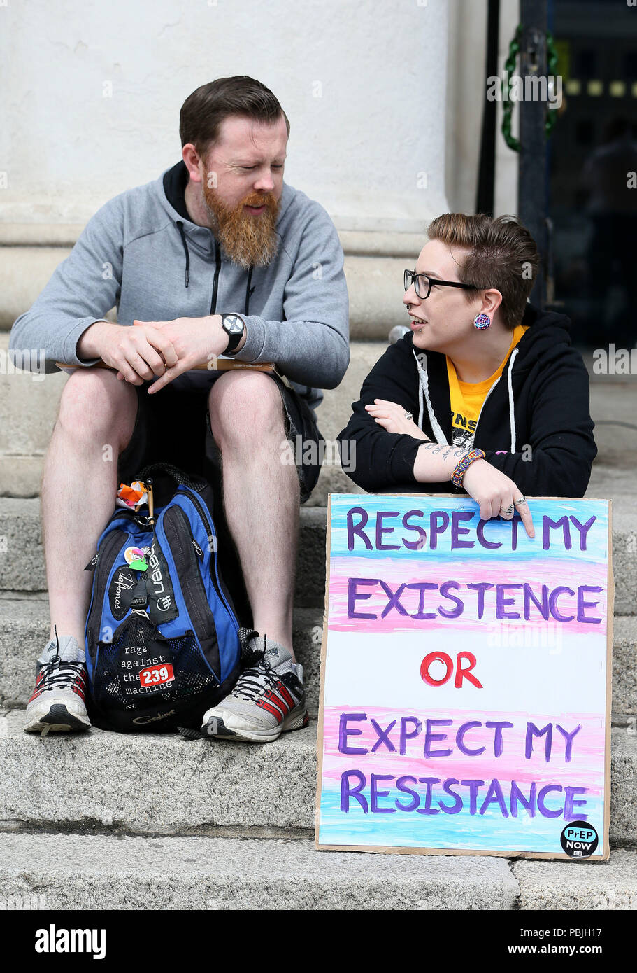 People gather to take part in a Trans Pride March in Dublin's city centre. Stock Photo