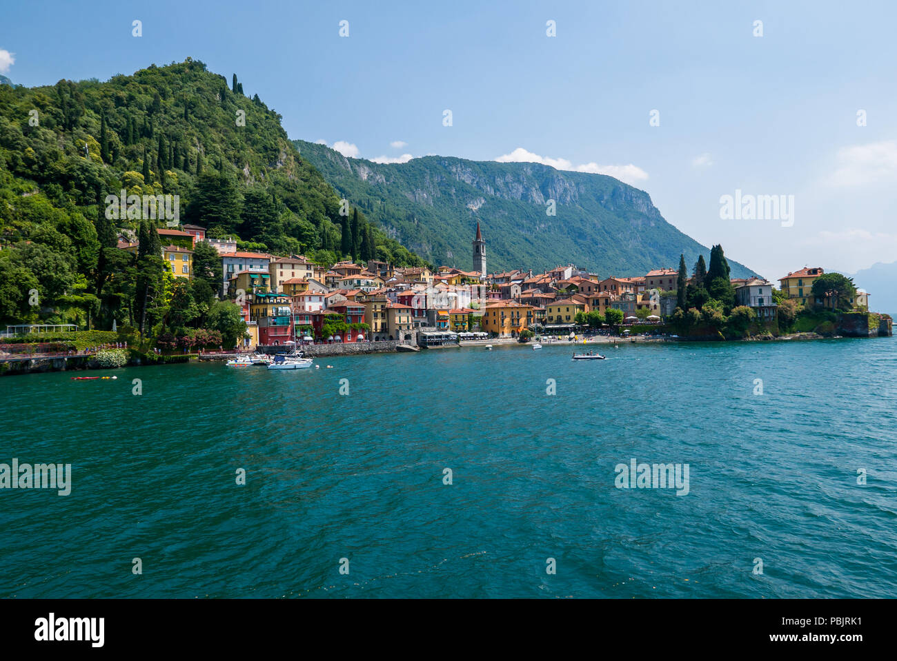 View of Varenna town one of the small beautiful towns on Como lake seen from ferry, Lombardy, Italy Stock Photo