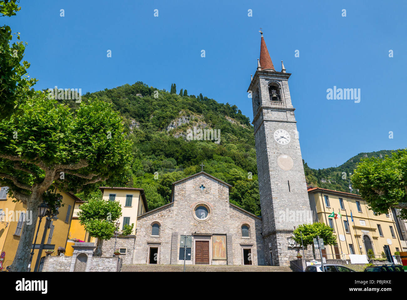 The parish church of San Giorgio dates back to the 13th century and is located in the square of the same name in the center of Varenna. Italy Stock Photo