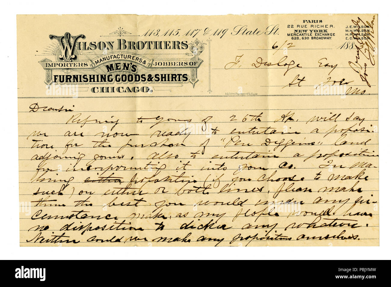 909 Letter signed James H. Wilson, Wilson Brothers, Importers Manufacturers and Jobbers of Men’s Furnishing Goods and Shirts, Chicago, to Firmin Desloge, June 2, 1883 Stock Photo