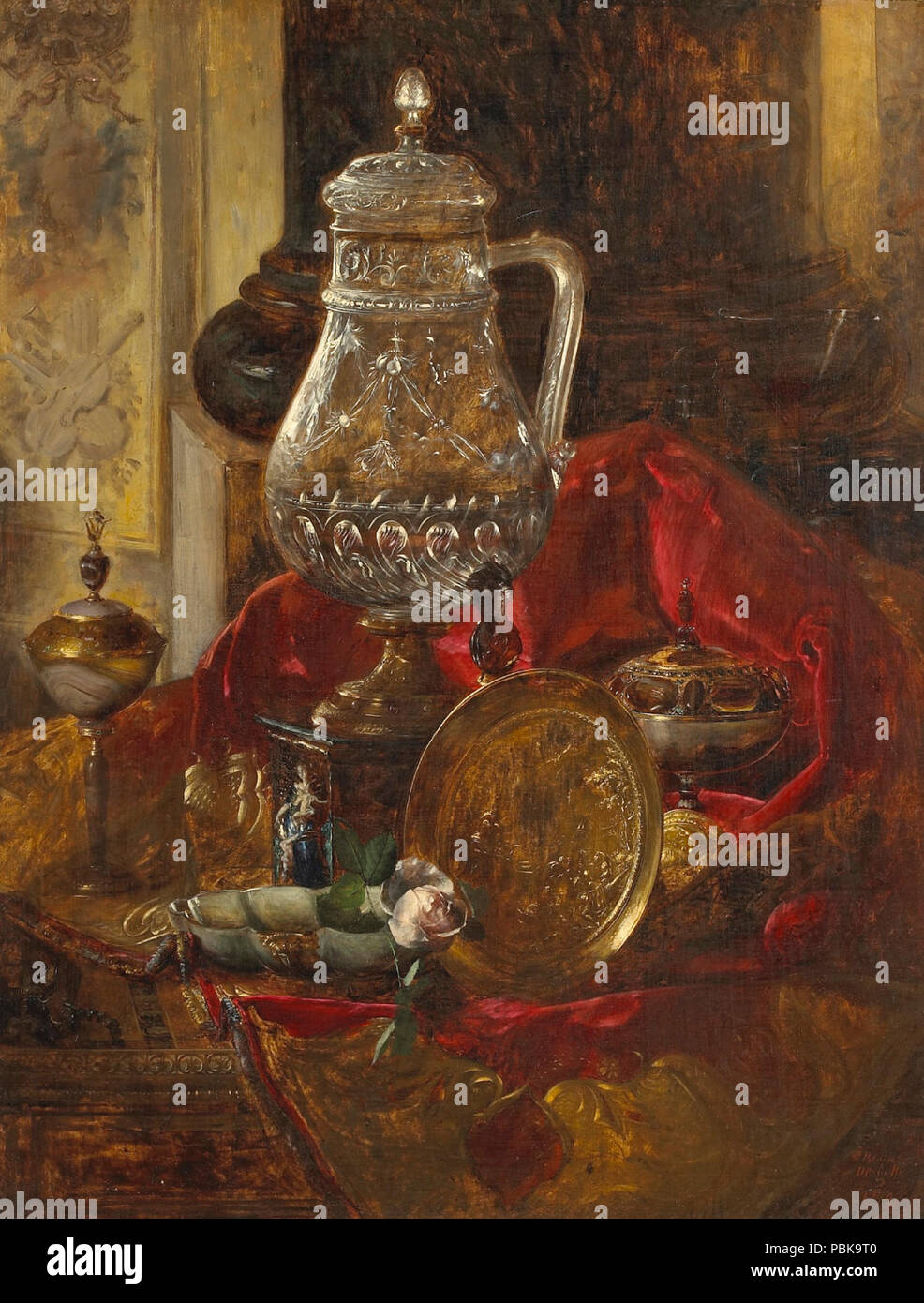 A-still-life-with-a-crystal-tankard-and-other-precious-objects-arranged-on-a-draped-cloth. Stock Photo