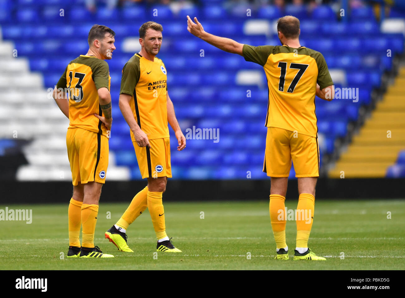 Brighton & Hove Albion's Pascal Gross, Brighton & Hove Albion's Dale Stephens and Brighton & Hove Albion's Glenn Murray exchange words during the pre-season friendly match at the St Andrew's Trillion Trophy Stadium, Birmingham. Stock Photo