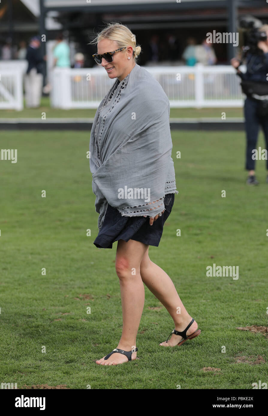Zara Tindall treads in at half time during the International Day at the Royal County of Berkshire Polo Club in Winkfield, Windsor. Stock Photo