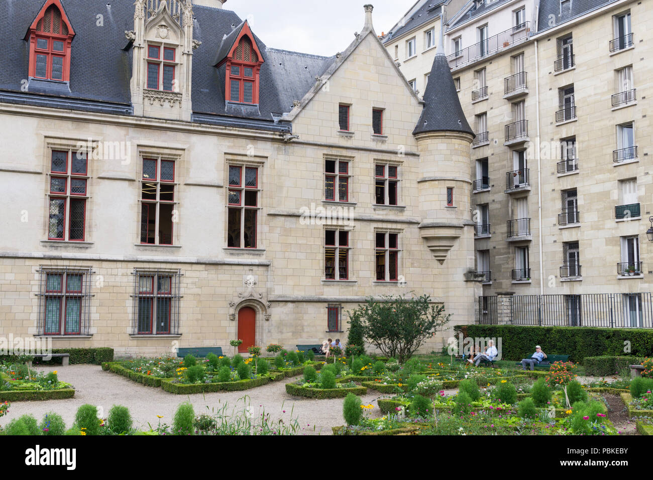 Paris garden - Small city park at Jardin Roger Priou Valjean Square in Paris, France, Europe. Stock Photo