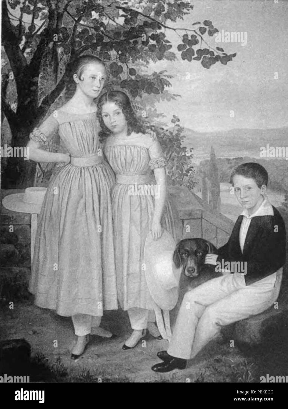 . English: Black and white reproduction of a portrait painting showing United States journalist and financier Henry Villard as a youth (Heinrich Hilgard then) with his two sisters, Anna Hilgard (the elder) and Emma Hilgard, and a dog. published 1902 750 Heinrich Hilgard und Schwestern Stock Photo