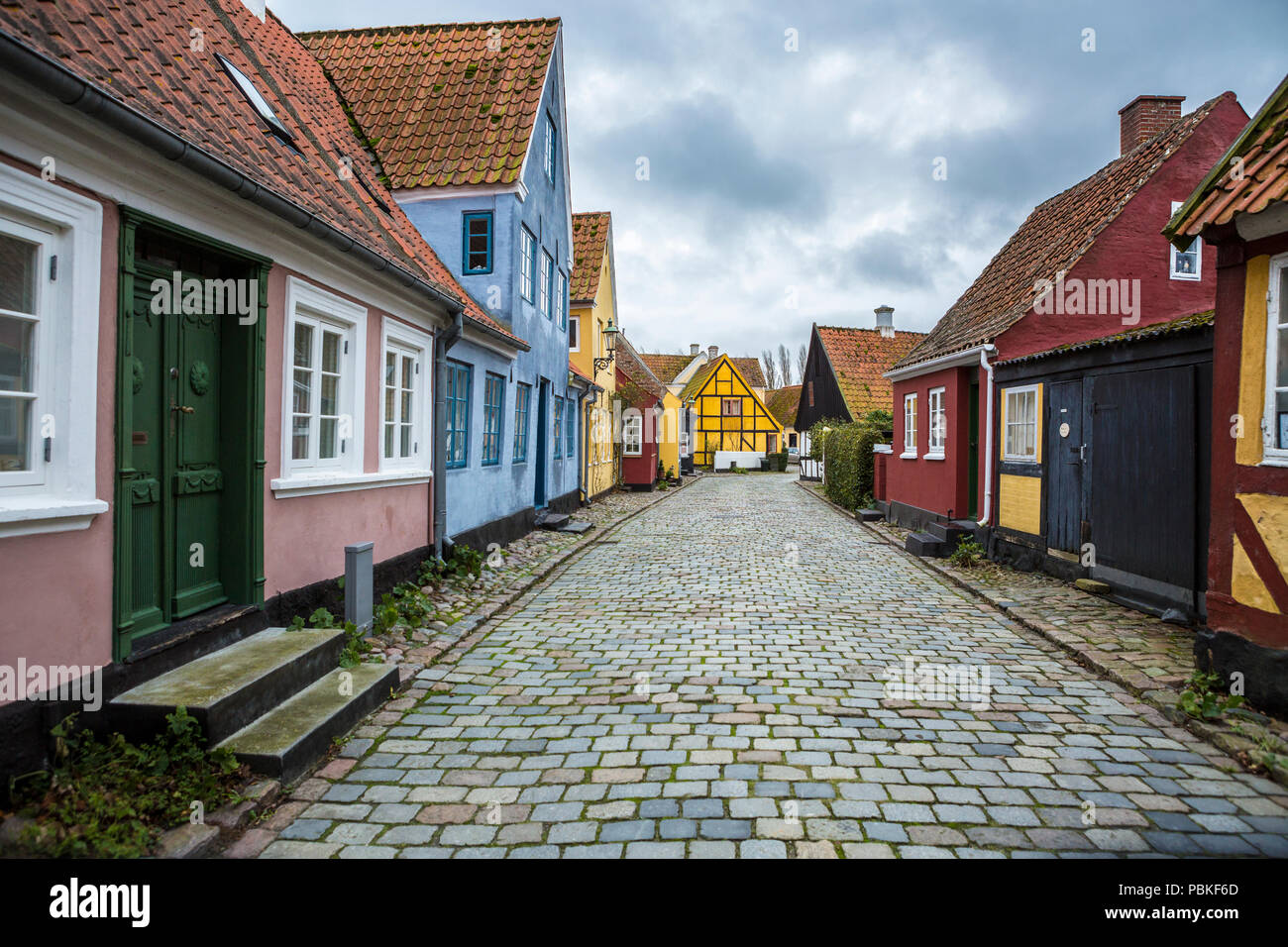 Beautiful street view of historic traditional Danish houses in the
