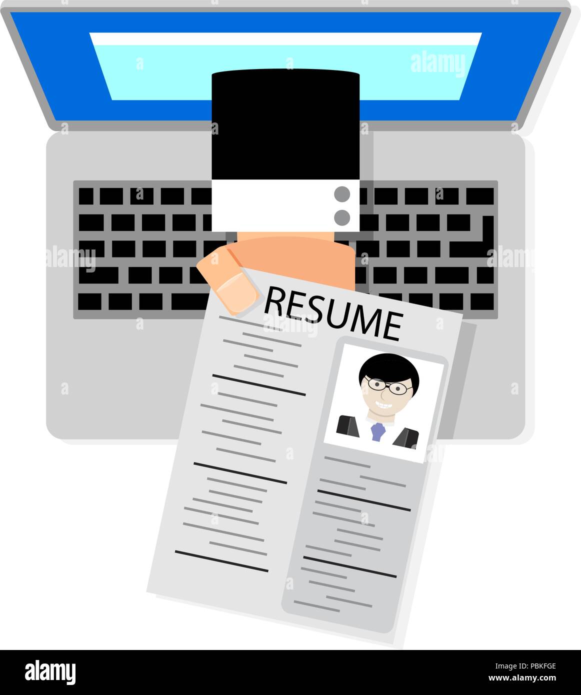 Job search online. Hand holding cv resume from screen laptop. Vector illustration. Job hunting and find a job, hiring and recruiting Stock Vector