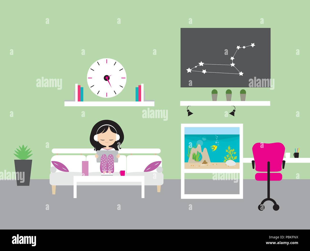 Young girl with headphones and laptop sitting in a children's room with green walls, aquarium and table, chairs and speakers - vector, flat design Stock Vector