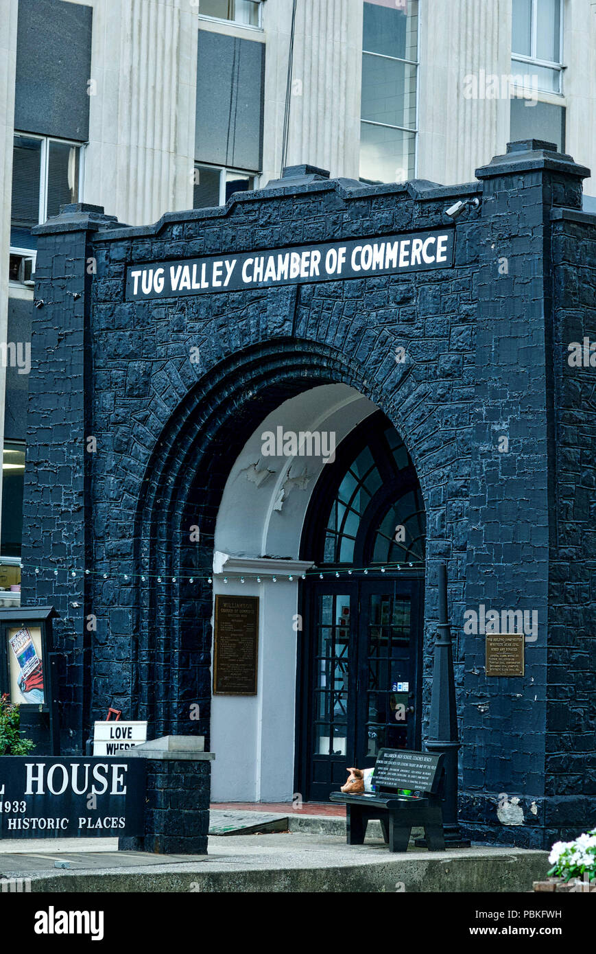 Williamson, West Virginia, USA - July 23, 2018: 'The Coal House' was built in 1933 entirely of coal and houses the Tug Valley Chamber of Commerce. Stock Photo