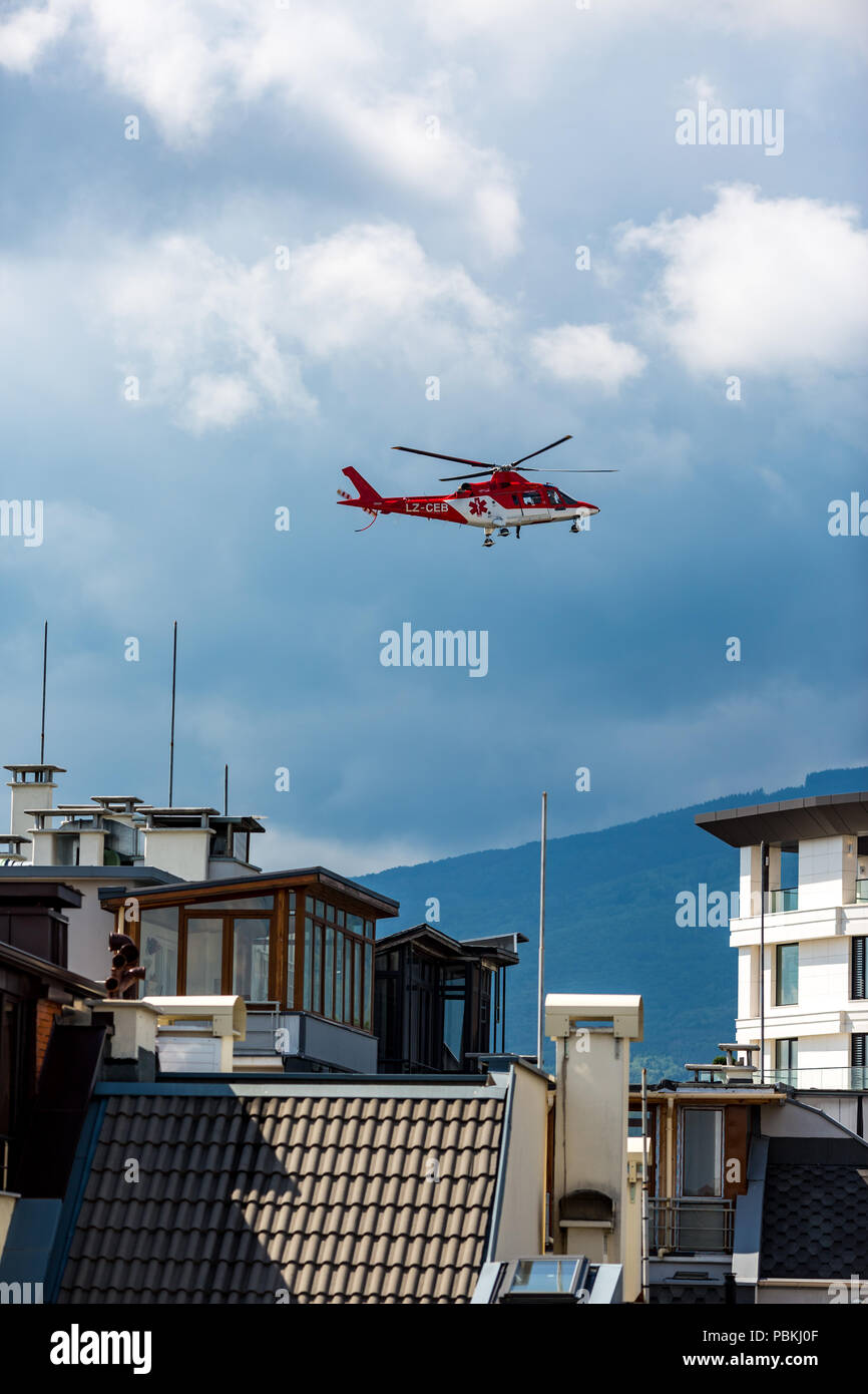 SOFIA, BULGARIA JUNE 08, 2016 Medical rescue red cross helicopter