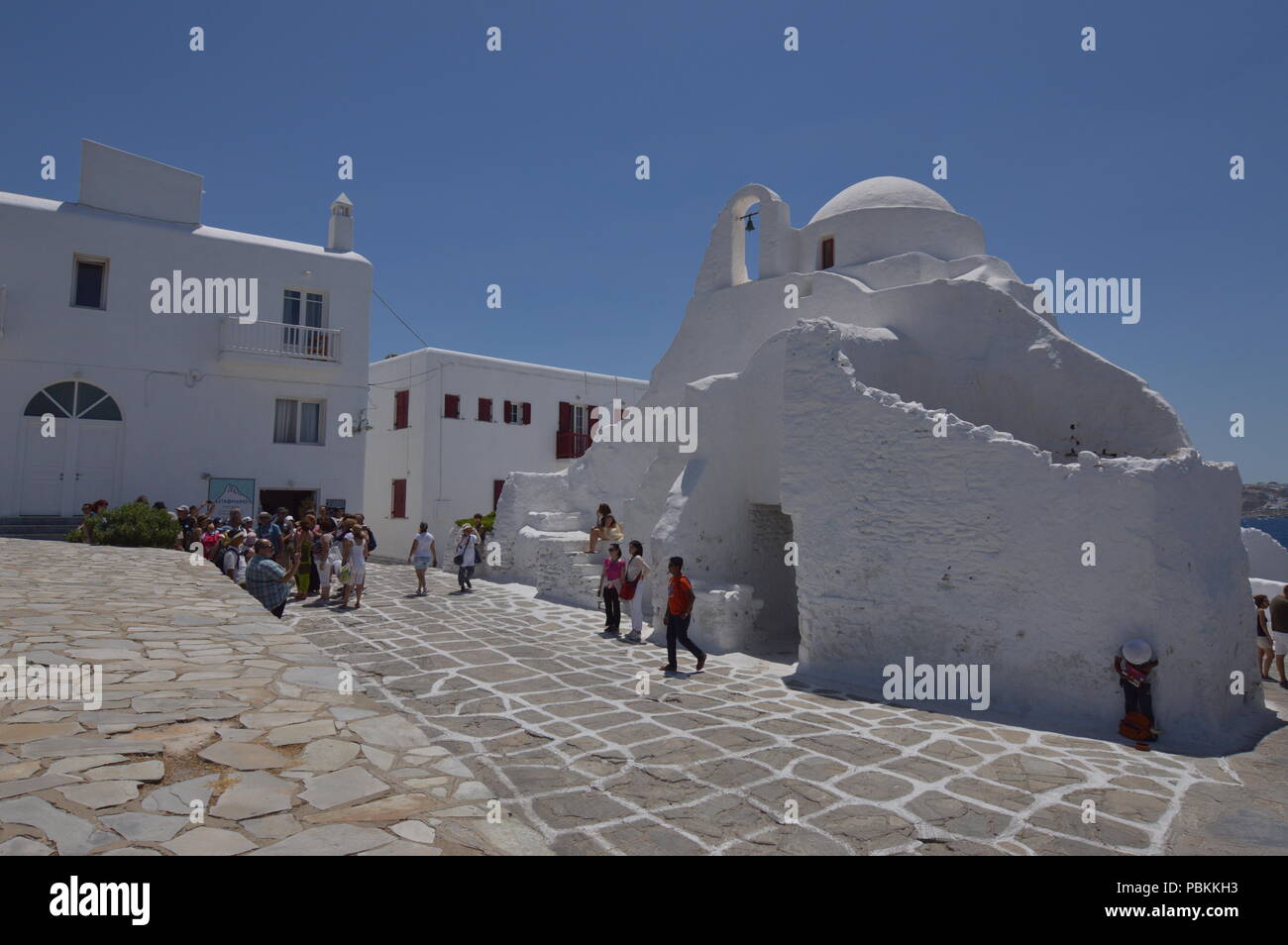 Main Facade Of The Church Of Paraportiani In Chora Island Of Mikonos .Arte History Architecture.3 Of July 2018. Chora, Island Of Mikonos, Greece. Stock Photo