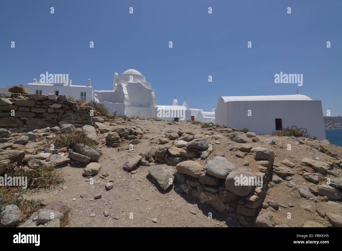 Side Shot Of The Church Of Paraportiani In Chora Island Of Mikonos .Art History Architecture. July 3, 2018. Chora, Mykonos Island, Greece. Stock Photo