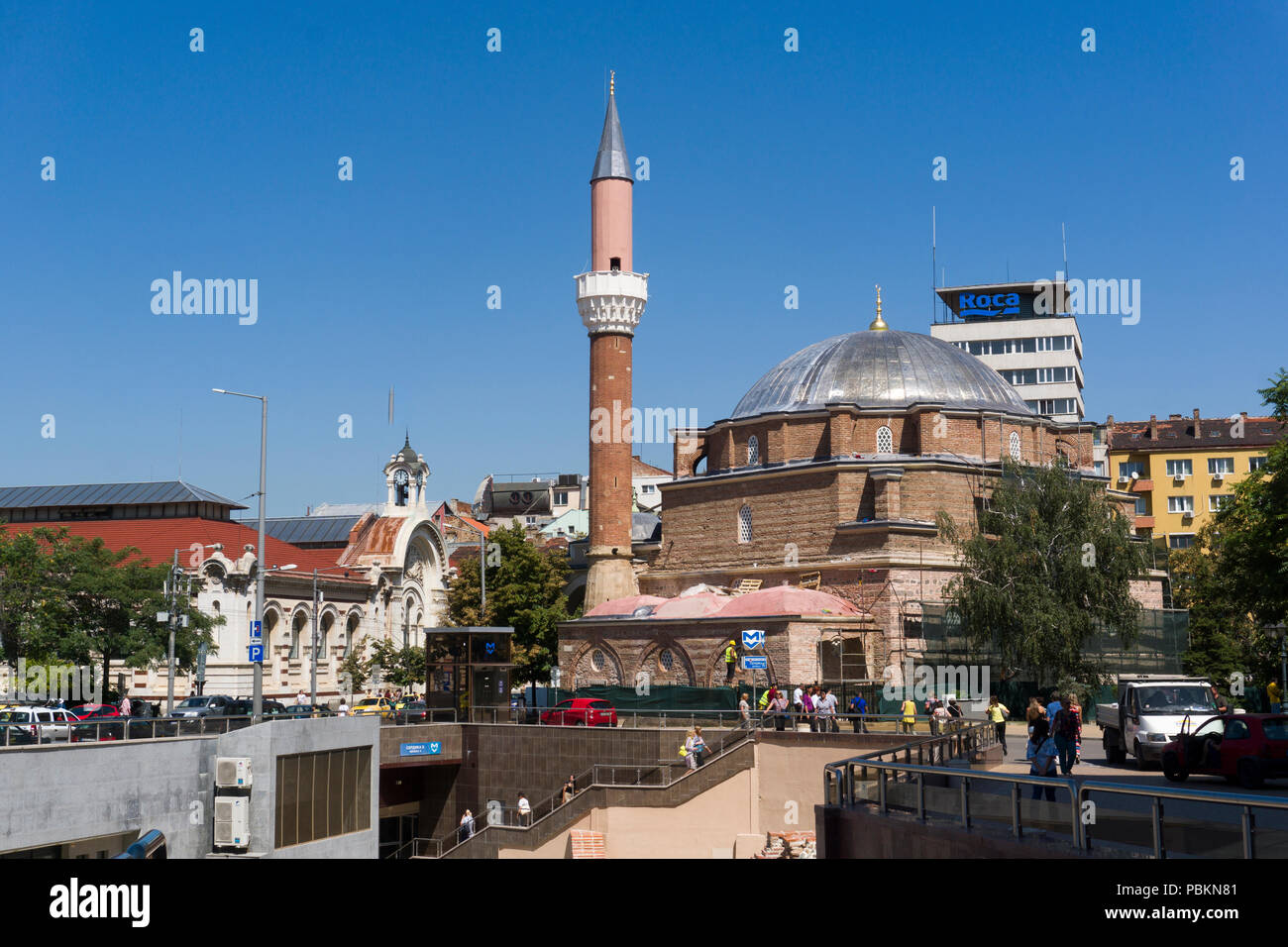 Banya Bashi Mosque in Sofia, Bulgaria. On the background the Central Market Stock Photo