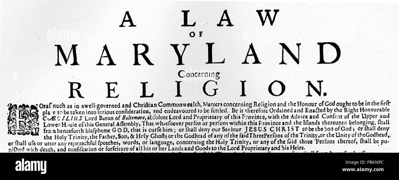 886 Large Broadside on the Maryland Toleration Act Stock Photo