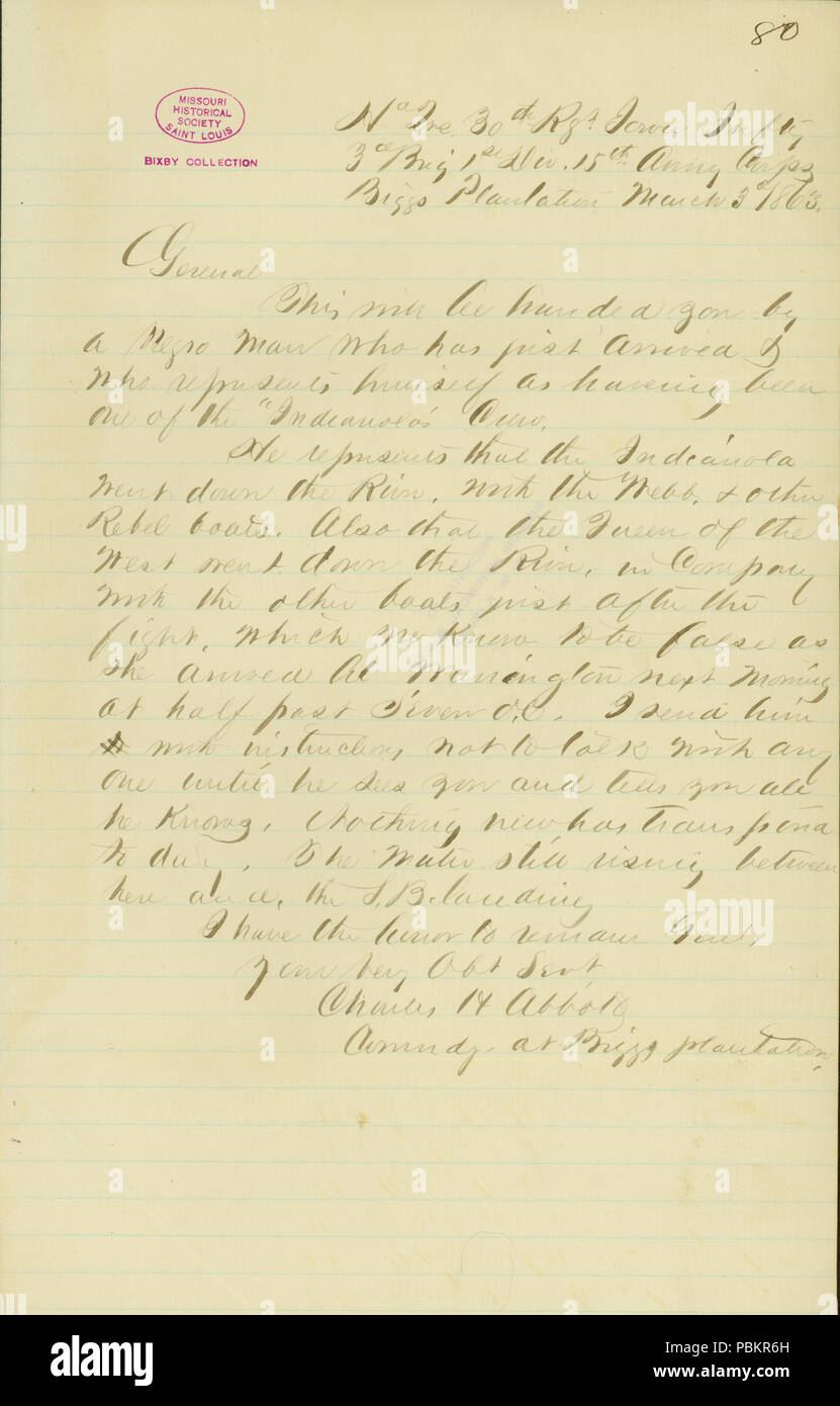 900 Letter from Charles H. Abbott, headquarters, 30th Iowa Infantry, 3rd Brigade, 1st Division, 15th Army Corps, Briggs Plantation, to Brigadier General (Steele ), March 3, 1863 Stock Photo