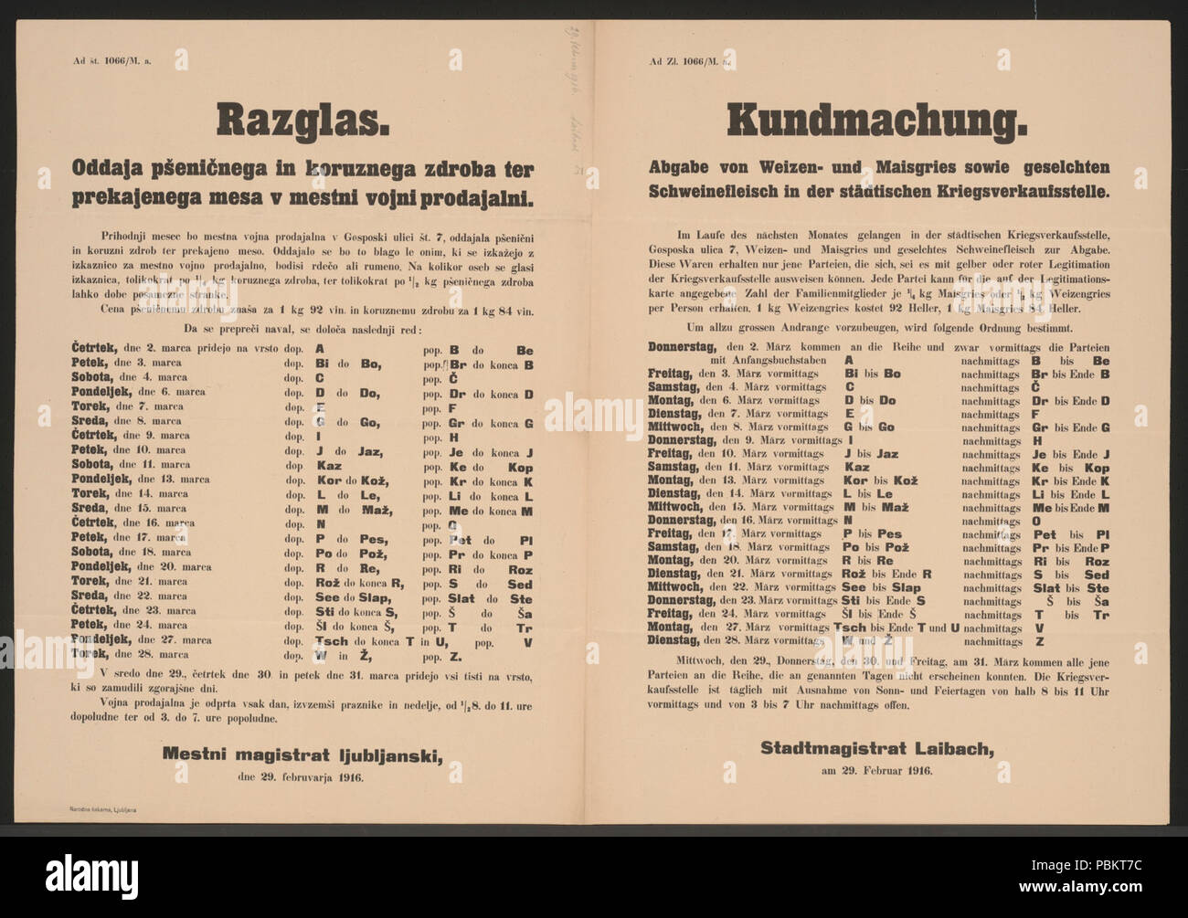 Abgabe von Gries und Fleisch - Kundmachung - Laibach - Mehrsprachiges Plakat 1916. Stock Photo