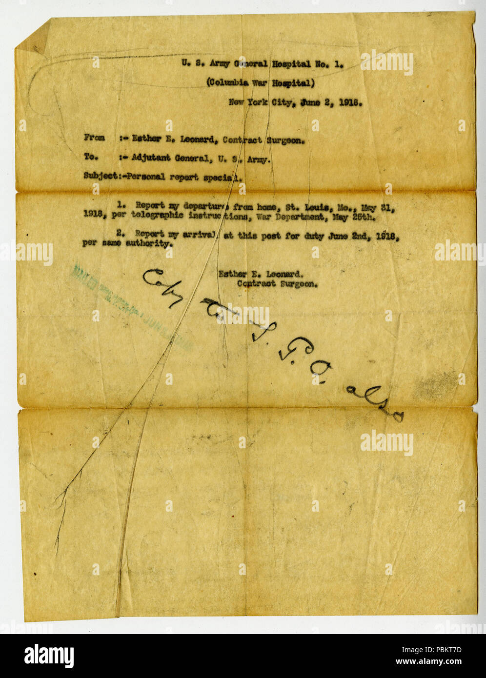 904 Letter of Esther E. Leonard to Adjutant General, June 2, 1918 Stock Photo