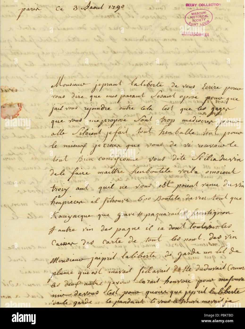 905 Letter signed Adrien Petit, Paris, to Thomas Jefferson, Philadelphia, August 3, 1790 Stock Photo