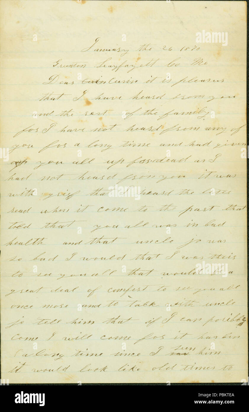905 Letter signed Benjamin A. Campbell, Grunton, Lafayette County, Missouri, to his cousin (Sarah Kesterson ), January 26, 1870 Stock Photo