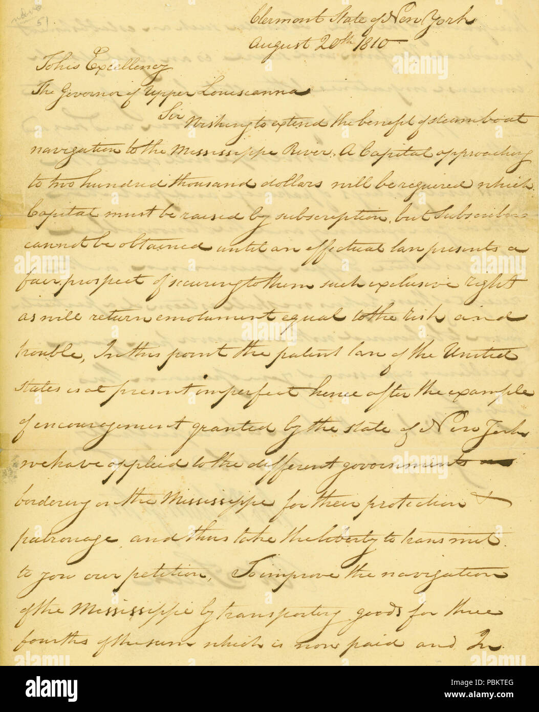 905 Letter signed by Robert R. Livingston and Robert Fulton, Clermont, New York, to the governor of Upper Louisiana, August 20, 1810 Stock Photo