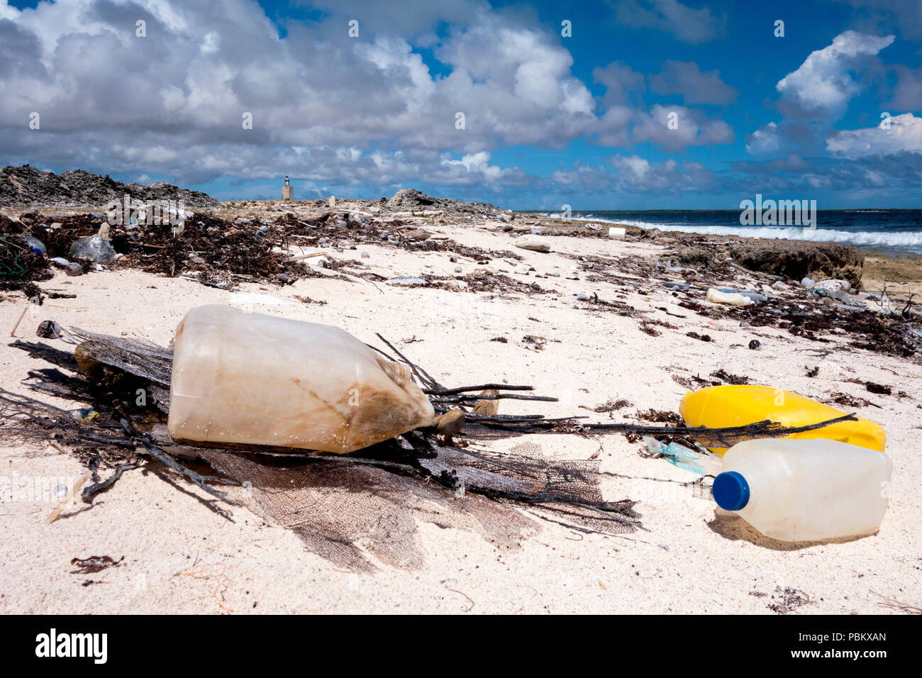 Garbage washed up on the shore of an island in the Caribbean Stock Photo