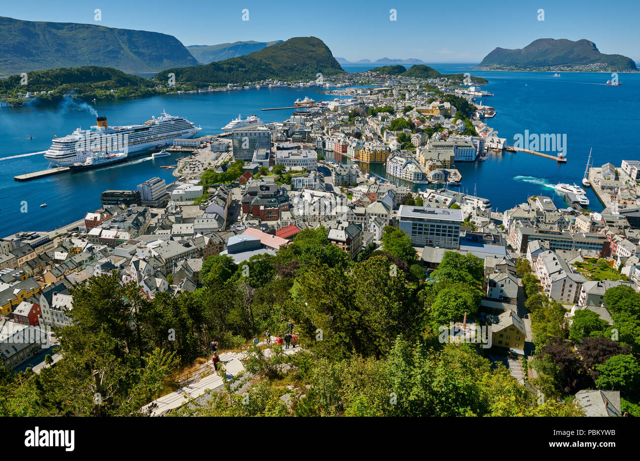 View from Aksla hill over Alesund and surrounding waters, Byrampen Viewpoint, More og Romsdal, Norway, Scandinavia, Europe Stock Photo