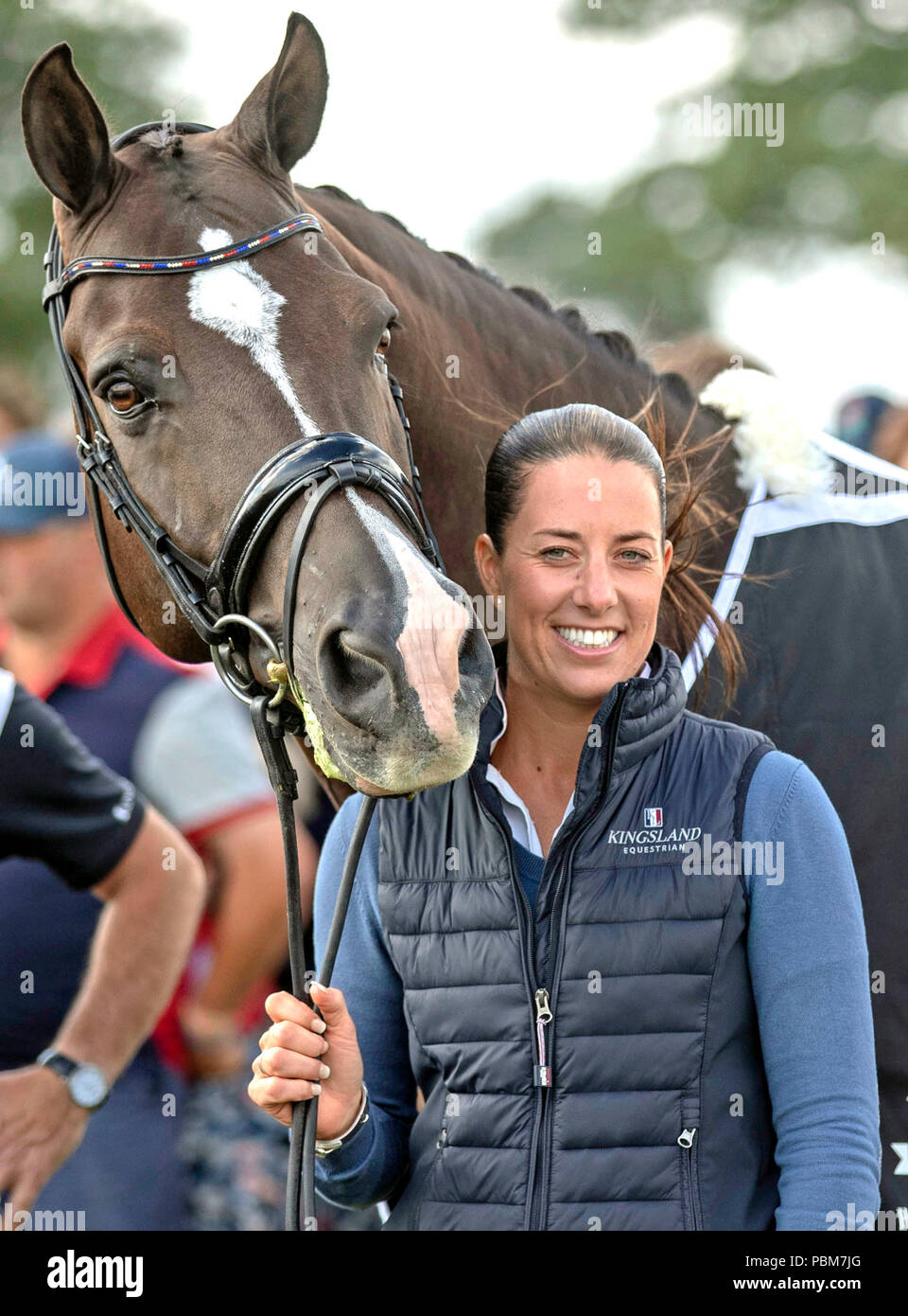 Double Olympic gold medal winner Charlotte Dujardin with her horse Valegro, during the International Day at the Royal County of Berkshire Polo Club in Winkfield, Windsor. Stock Photo