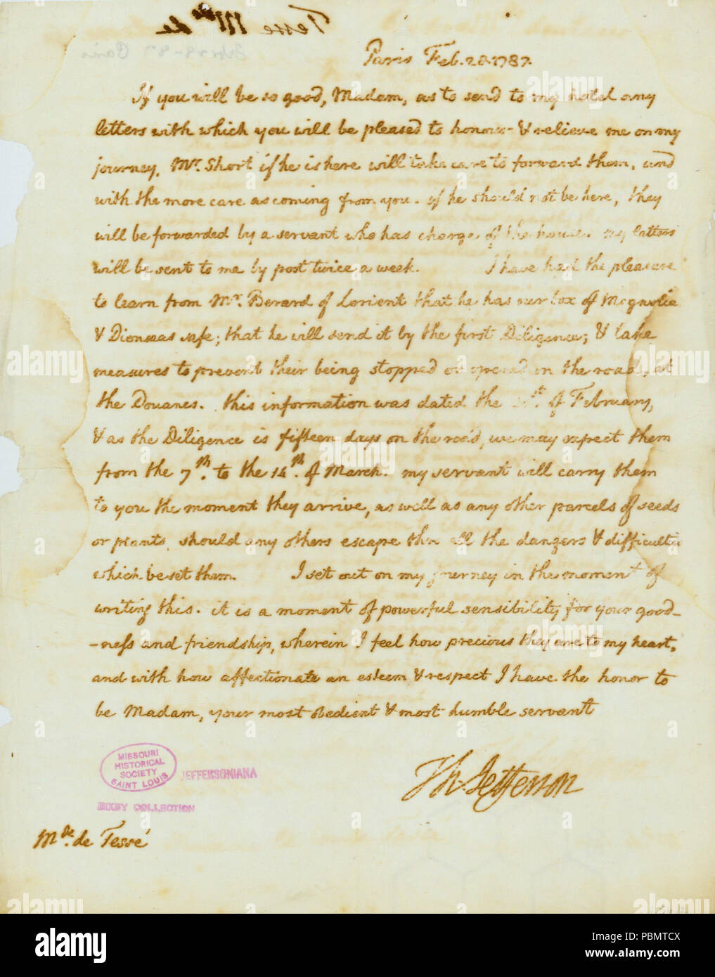 913 Letter signed Thomas Jefferson, Paris, to Madame (Adrienne Catherine de Noailles) de Tesse, February 28, 1787 Stock Photo