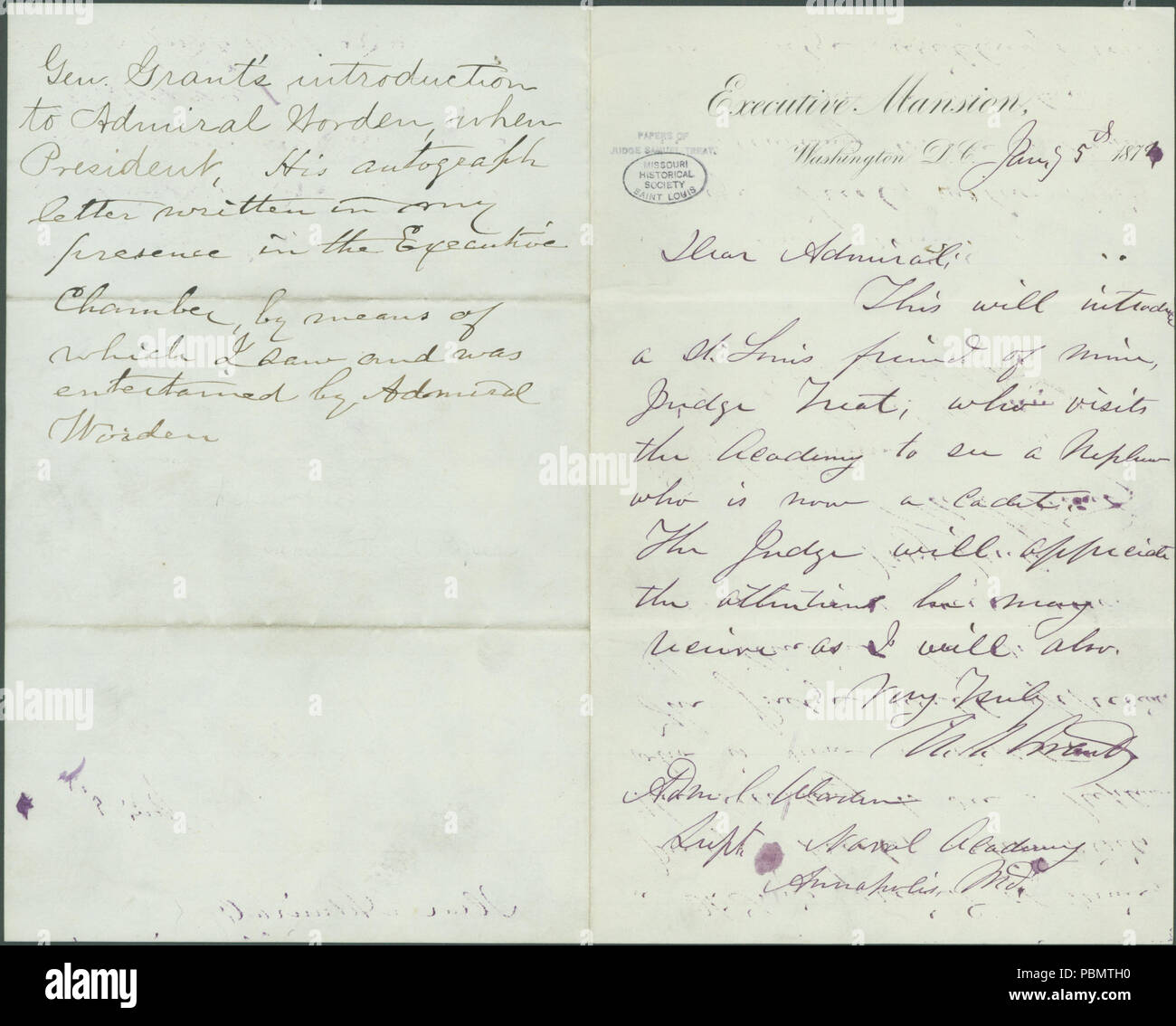 913 Letter signed U.S. Grant, Executive Mansion, Washington, D.C., to Admiral Worden, Annapolis, Md., January 5, 1874 Stock Photo