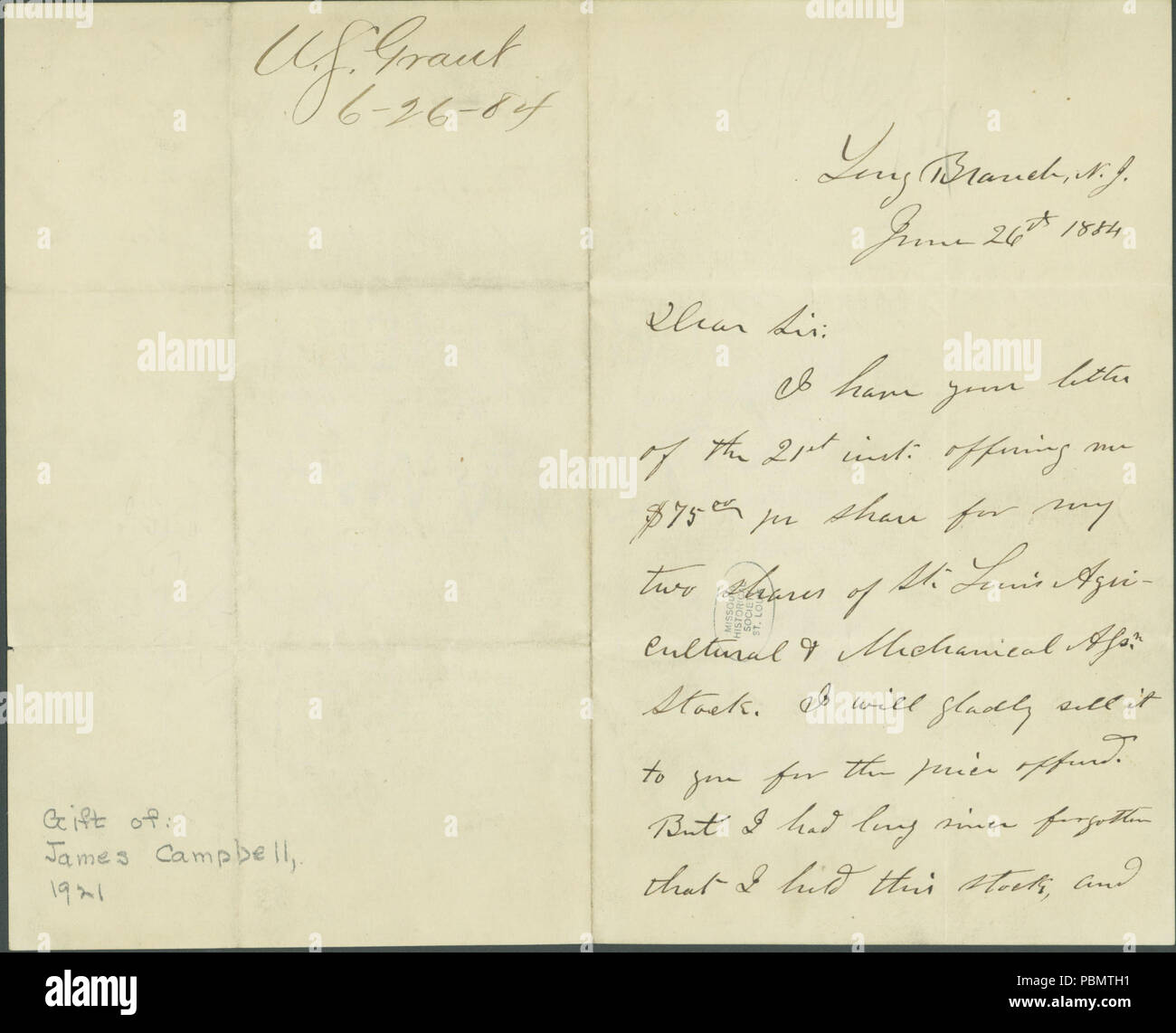 913 Letter signed U.S. Grant, Long Branch, N.J., to James Campbell, St. Louis, Mo., June 26, 1884 Stock Photo
