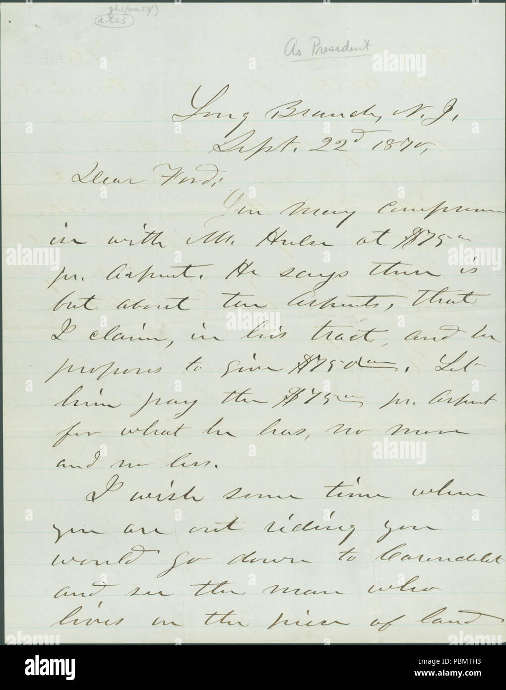 913 Letter signed U.S. Grant, Long Branch, N.J., to Charles W. Ford, September 22, 1870 Stock Photo