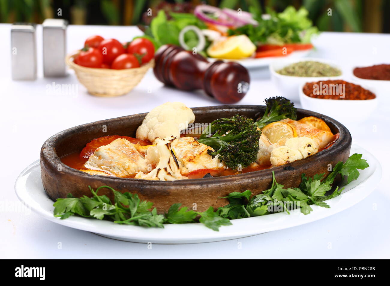 Fish meat stew casserole Stock Photo Alamy