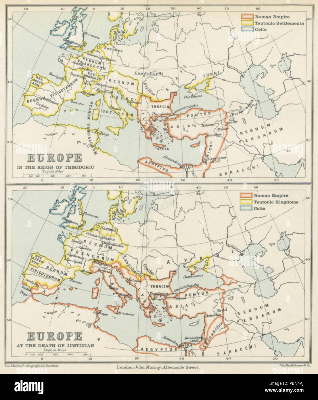 993 Map of Byzantine empire under Theodoric and Justinian Stock Photo