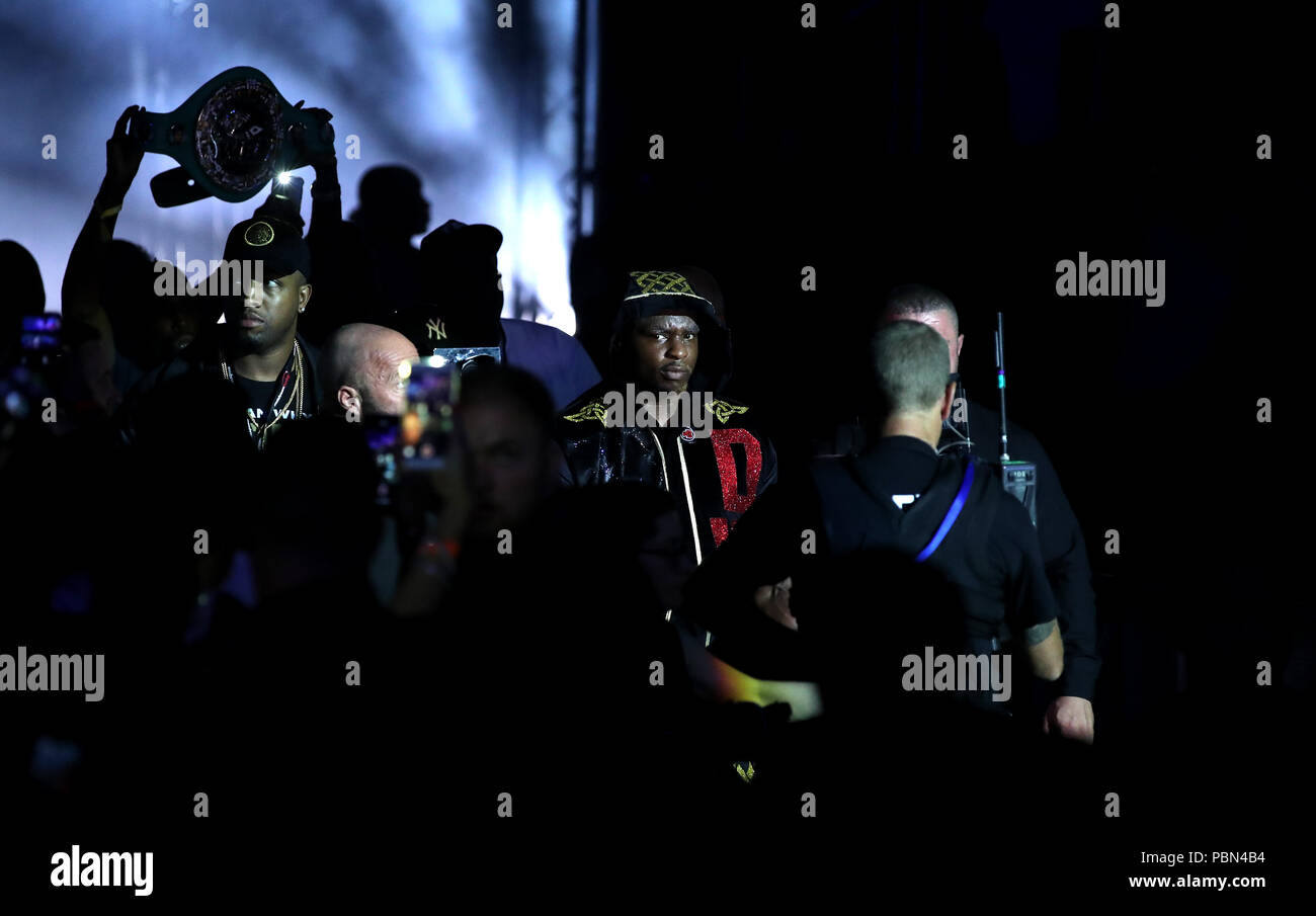 Dillian Whyte enters the arena for his WBC Silver Heavyweight title and WBO International Heavyweight title against Joseph Parker at the O2 Arena, London. Stock Photo