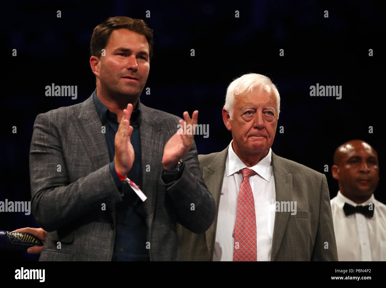 Promoter Eddie Hearn (left) and Chairman of the British boxing Board of Control Charles Giles at the O2 Arena, London. Stock Photo