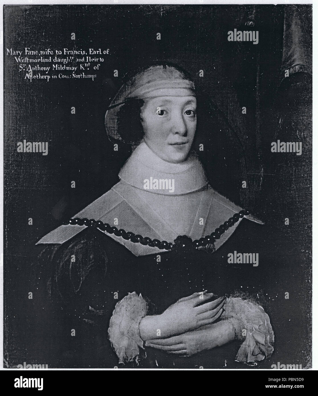 . English: Black & white reproduction of a 28 x 25 inch oil portrait of Mary Fane, wife to Francis, Earl of Westmorland, daughter and Heir to Sir Anthony Mildmay, Kt of Apethorp in County Northampton. circa 1625/26 ? 1002 Mary Fane, wife to Francis, Earl of Westmorland, daughter and Heir to Sir Anthony Mildmay, Kt of Apethorp in County Northampton Stock Photo