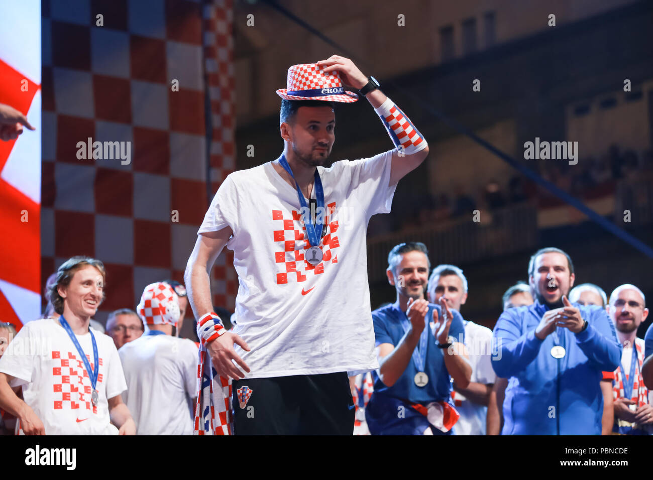 ZAGREB, CROATIA - JULY 16, 2018 : Croatia National Football Team welcome home celebration - Danijel Subasic celebrating on the stage on Ban Jelacic Sq Stock Photo