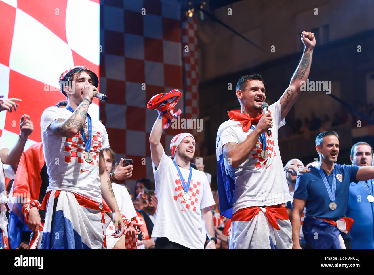 ZAGREB, CROATIA - JULY 16, 2018 : Croatia National Football Team welcome home celebration - Sime Vrsaljko, Ante Rebic, Dejan Lovren celebrating on the Stock Photo
