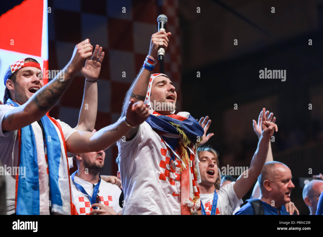 ZAGREB, CROATIA - JULY 16, 2018 : Croatia National Football Team welcome home celebration - Duje Caleta Car, Vedran Corluka, Luka Modric celebrating o Stock Photo