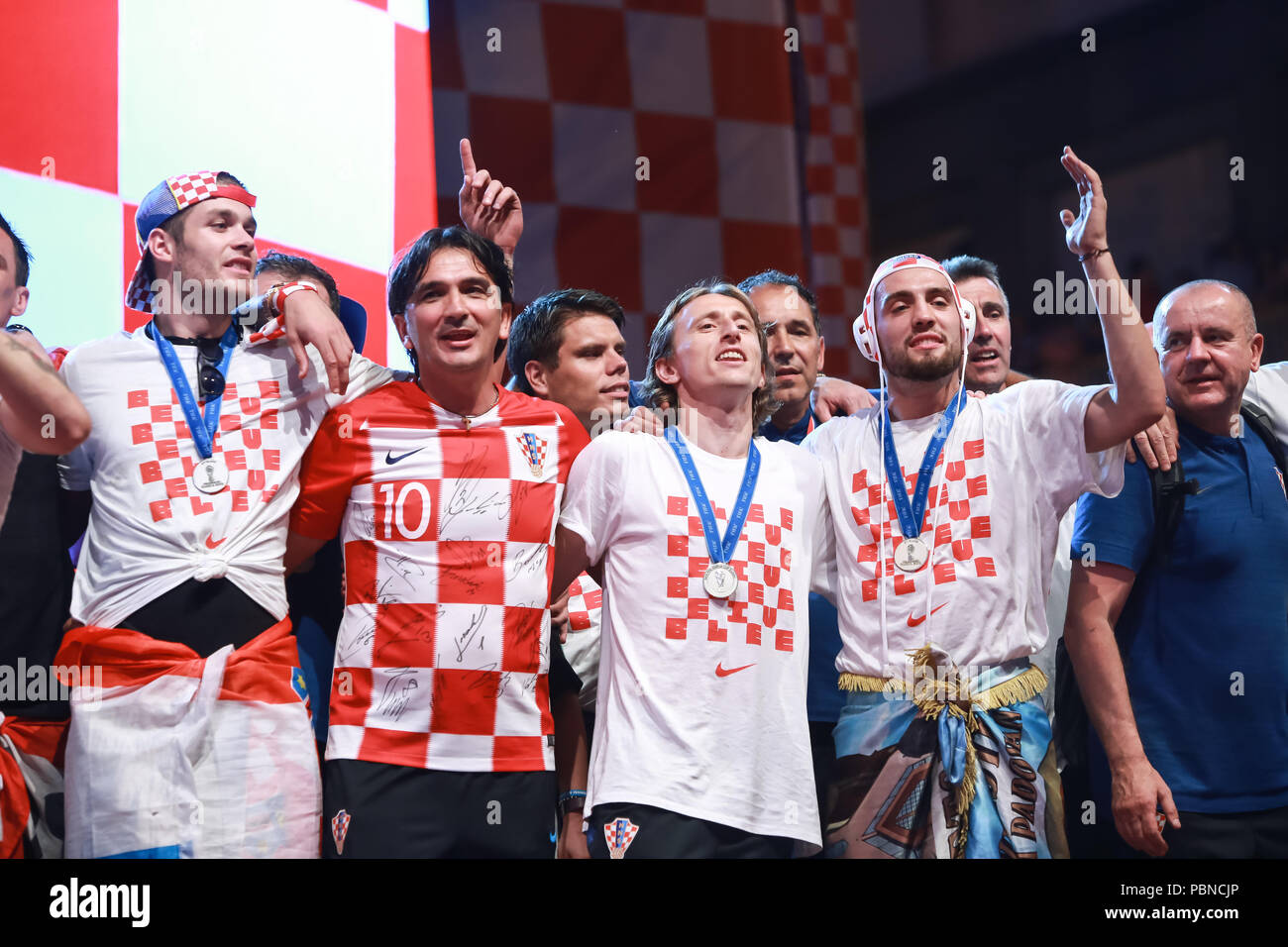 ZAGREB, CROATIA - JULY 16, 2018 : Croatia National Football Team welcome home celebration - Duje Caleta Car, Zlatko Dalic, Luka Modric, Mateo Kovacic  Stock Photo