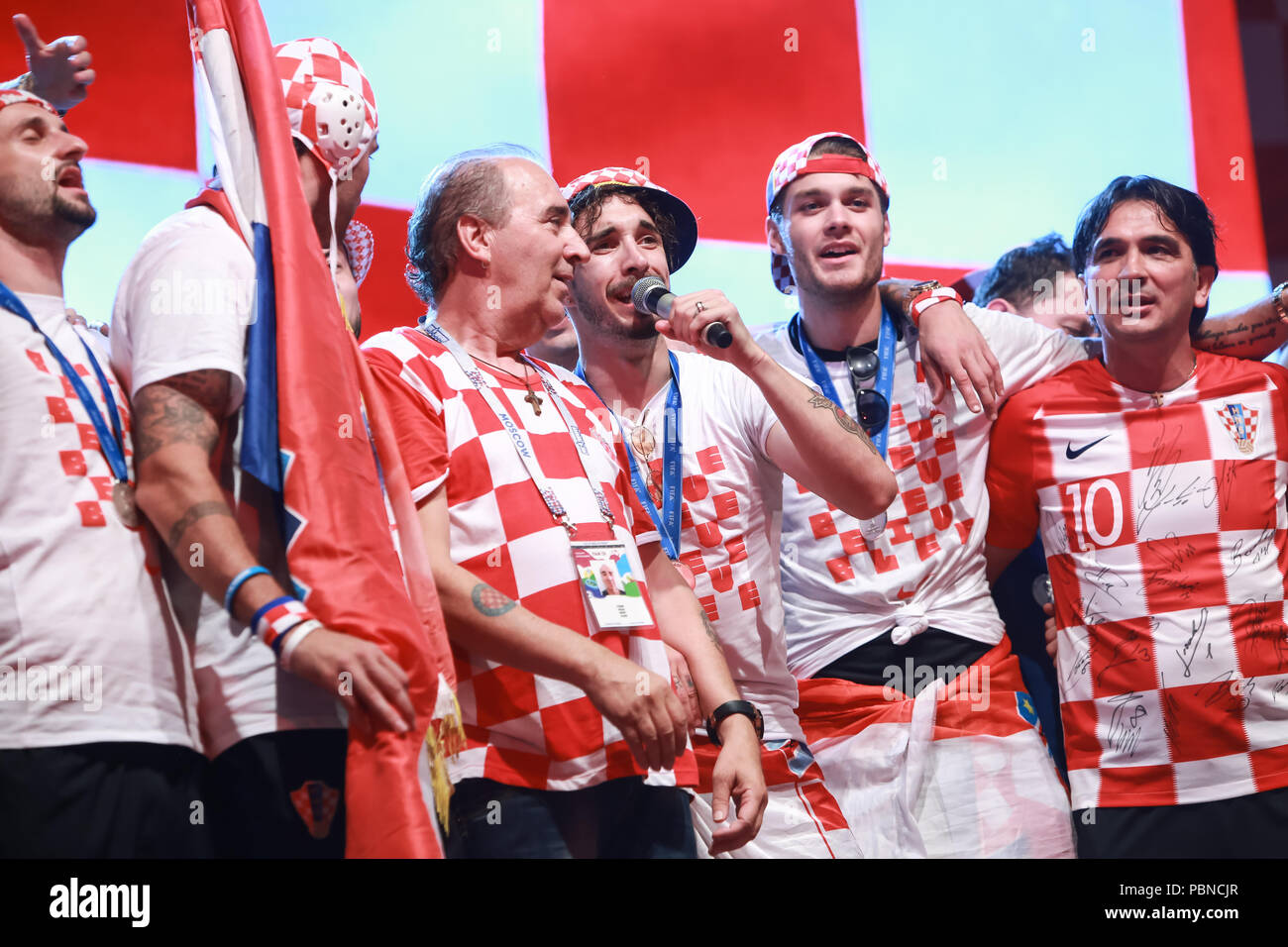 ZAGREB, CROATIA - JULY 16, 2018 : Croatia National Football Team welcome home celebration. Sime Vrsaljko, Duje Caleta Car, Zlatko Dalic singing togeth Stock Photo