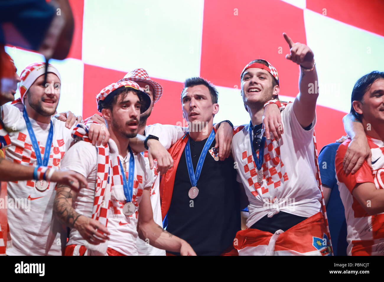 ZAGREB, CROATIA - JULY 16, 2018 : Croatia National Football Team welcome home celebration - Ante Rebic, Sime Vrsaljko, Mario Mandzukic, Duje Caleta Ca Stock Photo