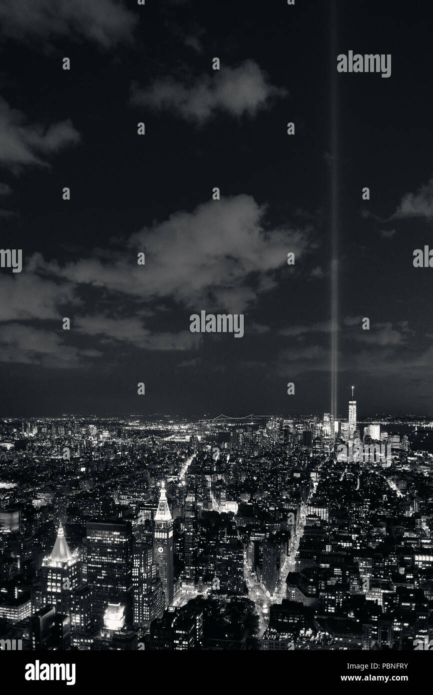 New York City downtown skyline view at night with September 11 tribute ...