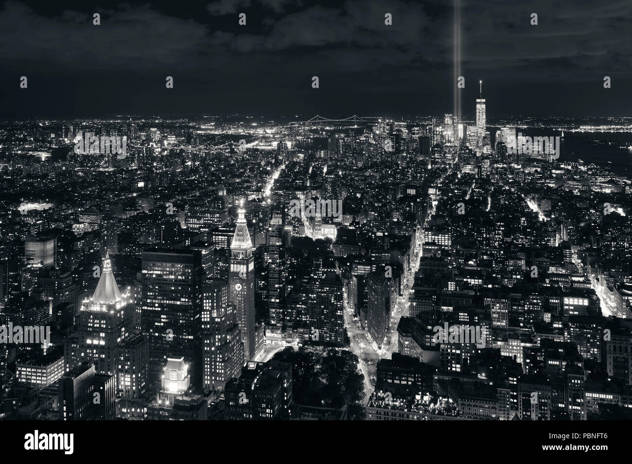 New York City downtown skyline view at night with September 11 tribute ...