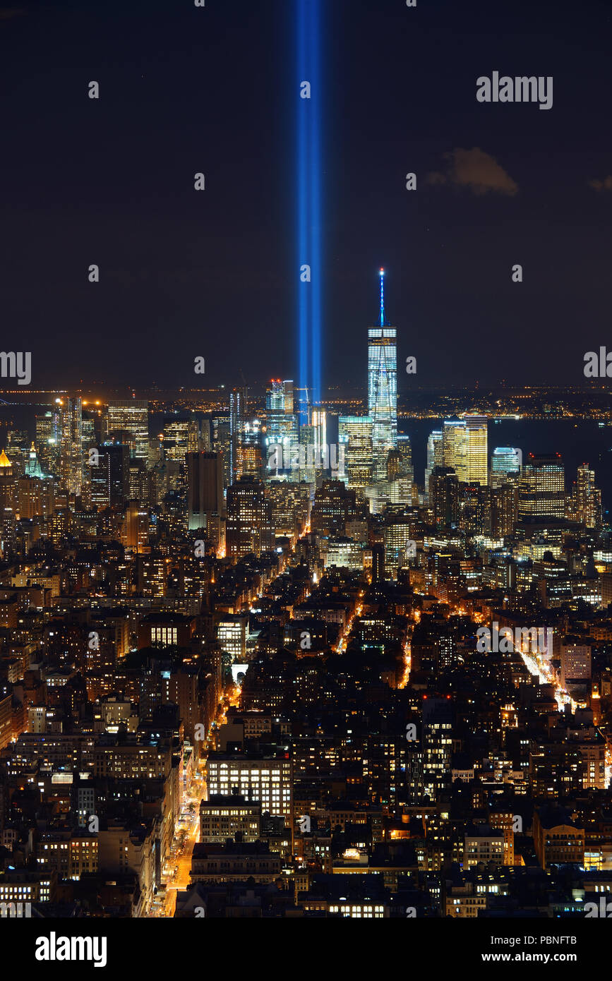 New York City downtown skyline view at night with September 11 tribute ...