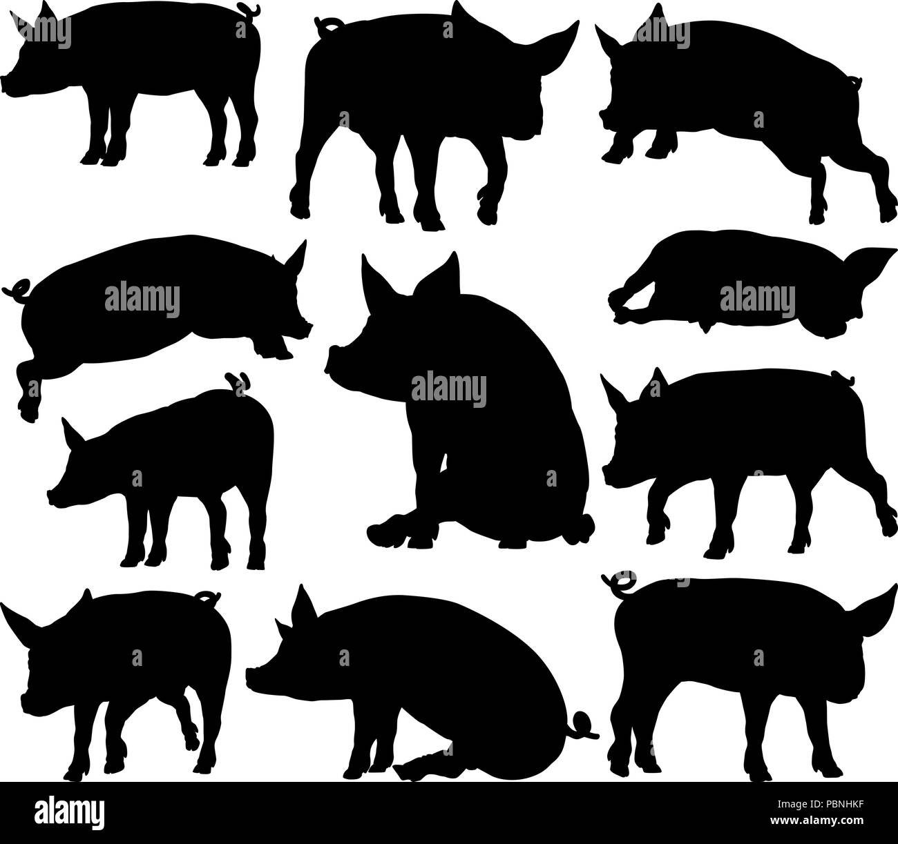 Pig Silhouettes Farm Animal Set Stock Vector