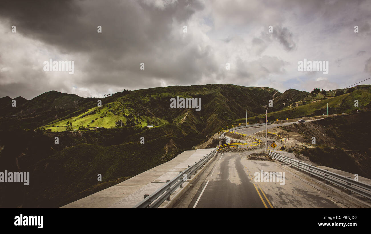 Dangerous land slip wipes out the road in the mountains of Ecuador